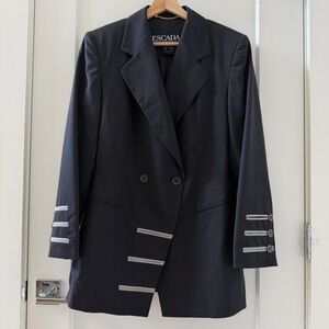 ESCADA Margaretha Ley Black 100% Wool Blazer Jacket White Accent Size 38